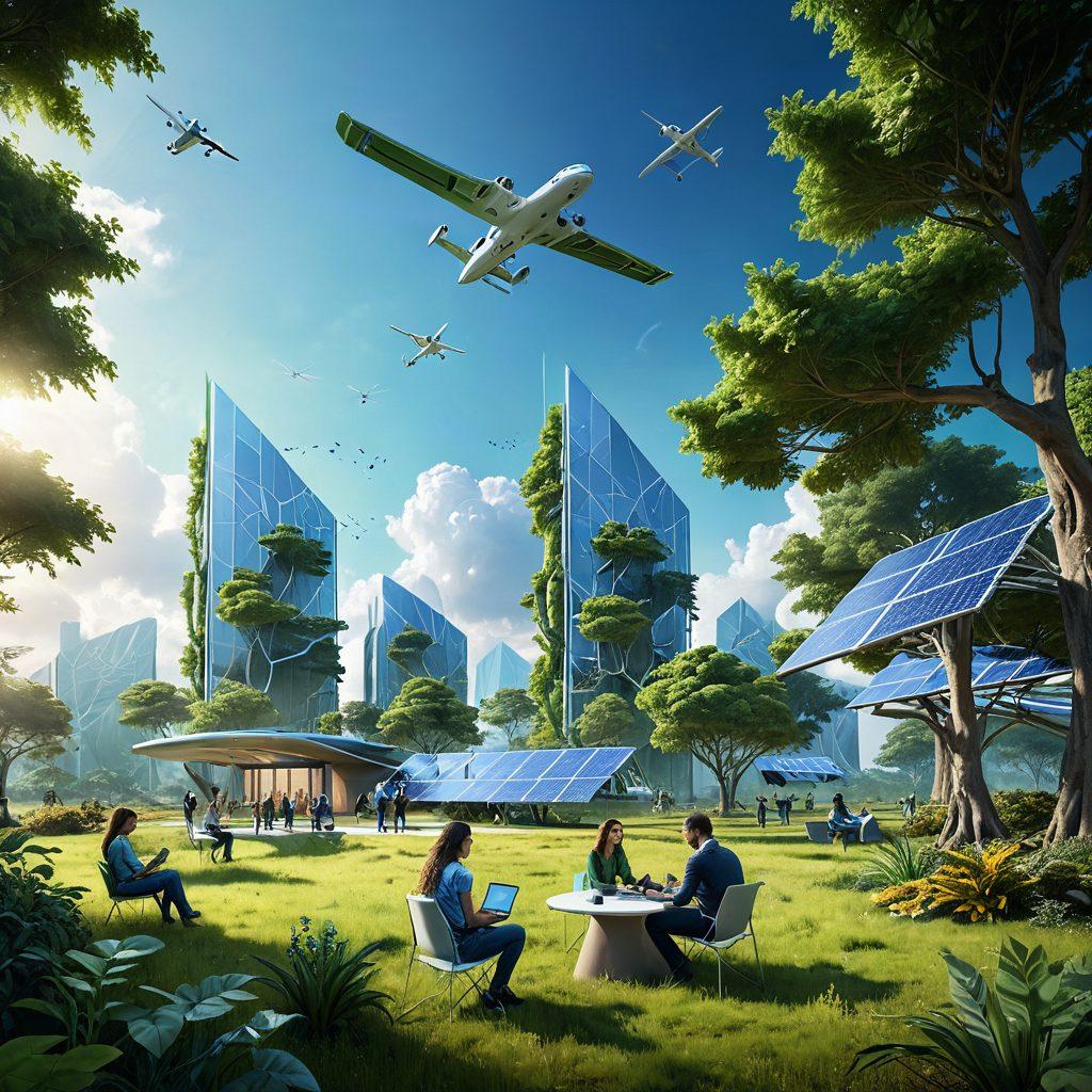 A futuristic landscape showing diverse technology solutions like drones, solar panels, and eco-friendly structures, all integrated into a vibrant green ecosystem. In the foreground, a diverse group of people collaboratively planning on digital devices, symbolizing teamwork in environmental protection. The sky is filled with a blend of blue and green hues, representing a thriving planet. Illustrate a balance between nature and technology, conveying hope and innovation. super-realistic. vibrant colors. 3D.