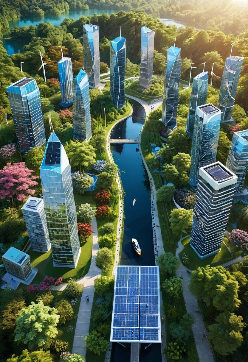 A serene digital landscape featuring a futuristic city infused with greenery, showcasing solar panels and wind turbines alongside modern buildings. Overlayed are icons representing technology like smartphones and blockchain symbols, embodying eco-friendly insurance. A pathway leads through a blend of nature and technology, symbolizing navigation through this innovative space. Soft, uplifting colors enhance the sense of hope and progress. super-realistic. vibrant colors. 3D.