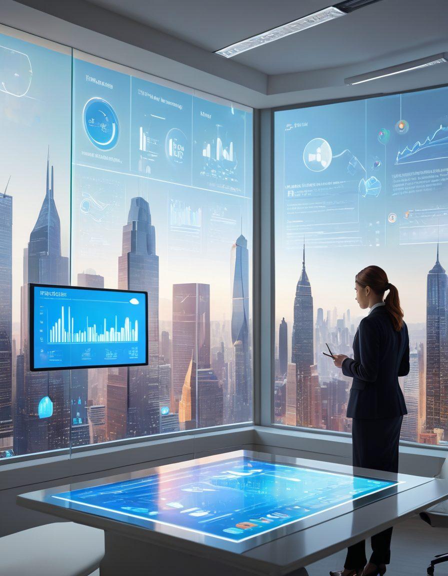 A futuristic office scene showcasing an insurance expert analyzing digital data trends on a transparent touchscreen interface, surrounded by vibrant graphs and charts that symbolize innovation. Include elements like floating holograms representing insurance policies and claims, while a window reveals a city skyline to emphasize progress. The color palette should be bright and energetic to convey the theme of digital transformation in insurance. 3D. vibrant colors. white background.
